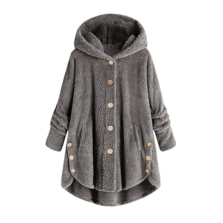 Winter Jackets Women Plus Size Button Plush Tops Hooded Loose Cardigan Wool  Coat Jacket Dark Gray M