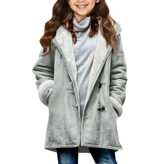 Winter Jackets for Girls with Hood Sherpa Fleece Lined Thick Warm Mid Long Coats Notched Lapel Loose Overcoat (8 Years, Gray|Kids)