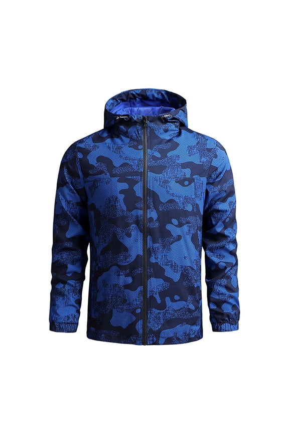 Winter Jackets for Men Camo Zipper Windbreaker Waterproof Performance Bomber Jacket with Pockets Hooded Loose Fall Casual Winter Coats Blue M