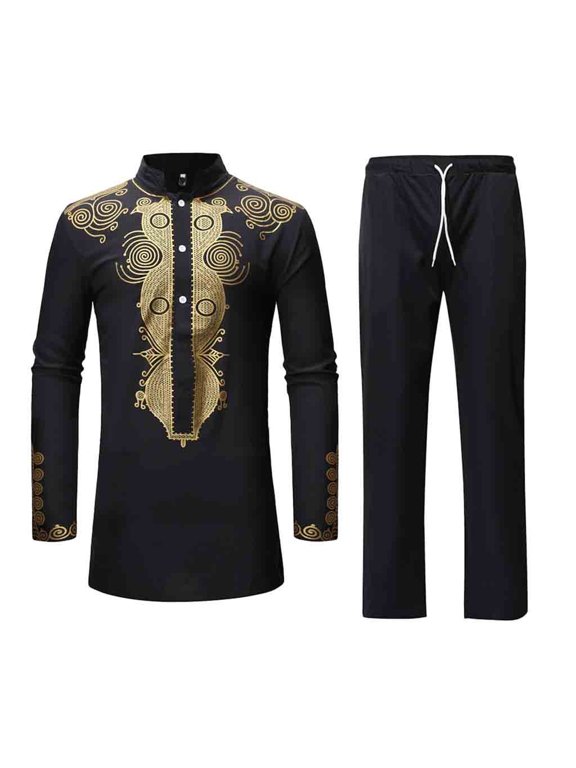 Winter Jackets for Men Men's Autumn Winter Luxury African Print Long Sleeve Dashiki Shirt Suit Black XXL(XXL)