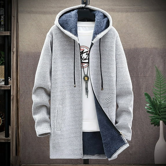Winter Jackets for Men Men's solid color hooded jacket windbreaker mid-length hooded jacket Silver 12(XXL)