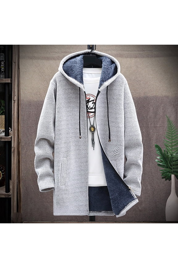 Winter Jackets for Men Men's solid color hooded jacket windbreaker mid-length hooded jacket Silver 12(XXL)