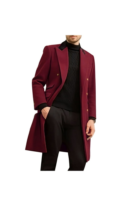 Winter Jackets for Men Fleece Lined Solid Color Double-Breasted Pocket Flip Collar Mao Long Sleeves Overcoat Loose Coat