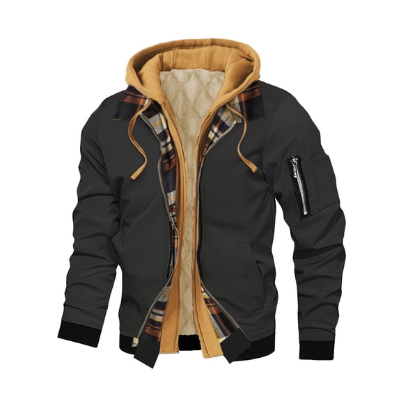 Winter Jackets for Men Fleece Lining Fake Two Piece Hooded Military Jackets Thermal Work Cargo Coats With Pockets Black S