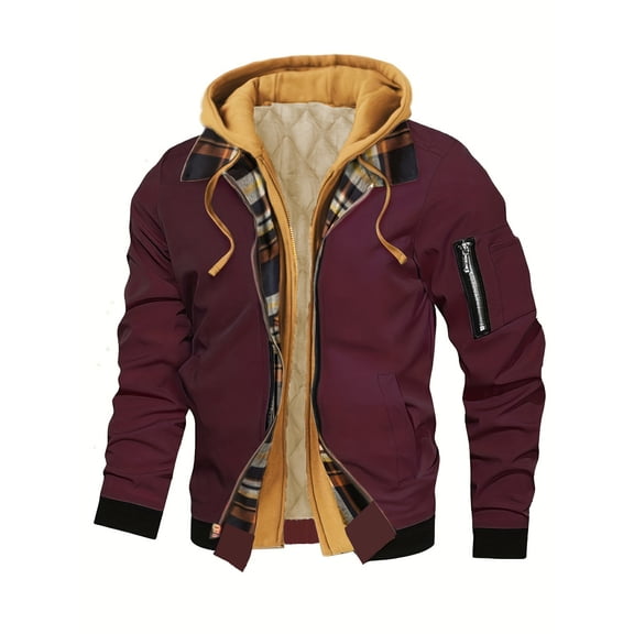 Winter Jackets for Men Fleece Lining Fake Two Piece Hooded Military Jackets Thermal Work Cargo Coats With Pockets Wine S