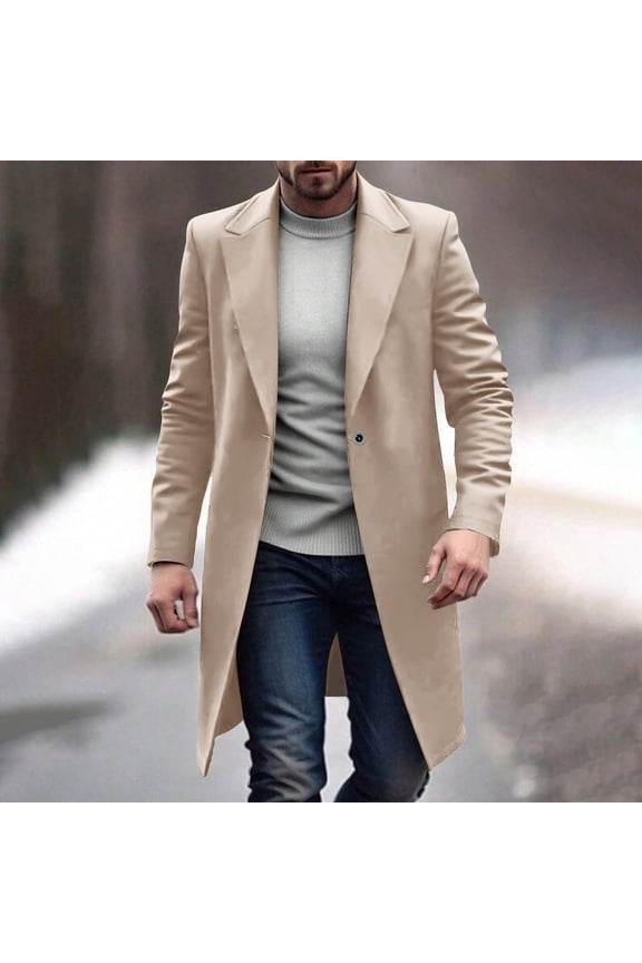 Winter Jackets for Men Formal Long Trench Coat Notched Collar Blazer Wool Blend Pea Overcoats with Pockets