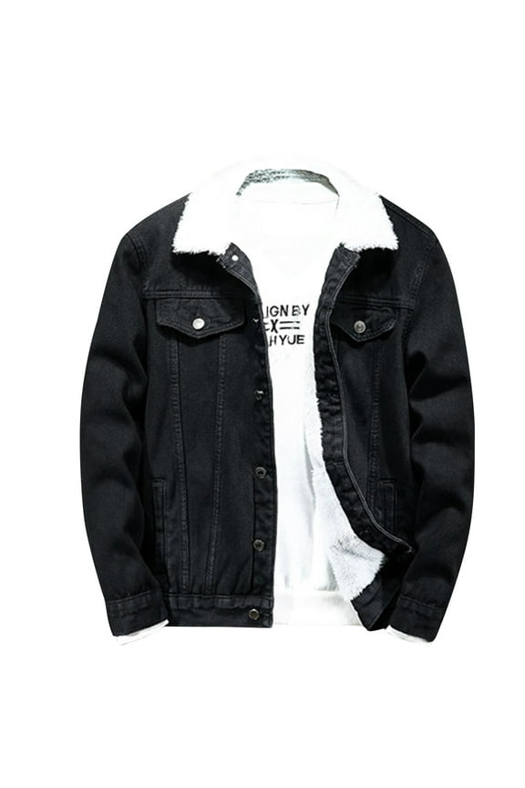 Winter Jackets for Men, Men Casual Solid Thick Denim Jacket Plus Fleece Turndown Jacket Pocket Coat