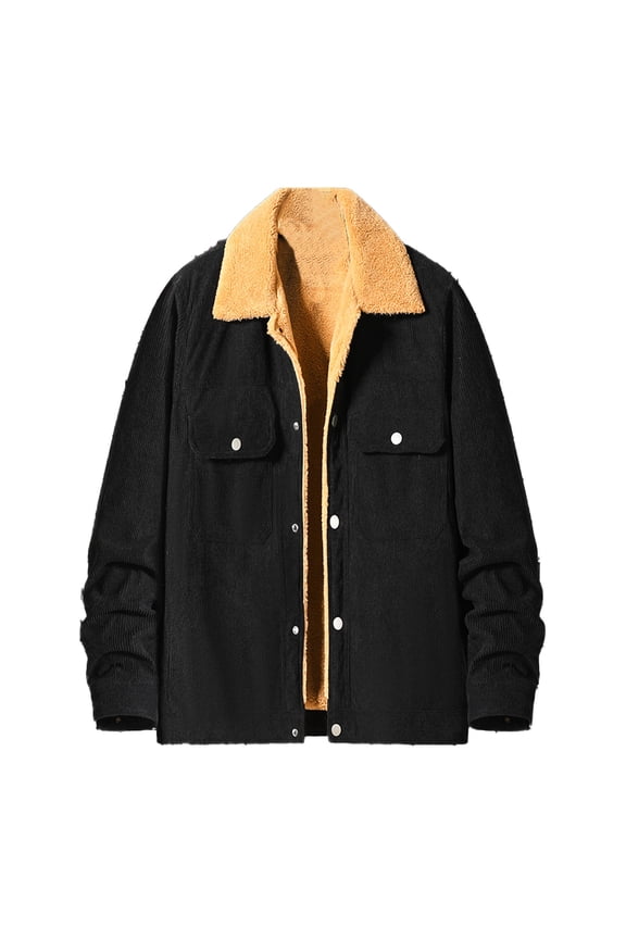 Winter Jackets for Men Sherpa Fleece Lined Work Coats Pockets Warm Corduroy Lapel Loose Outerwear Fashion Padded Jacket (Black 2XL)