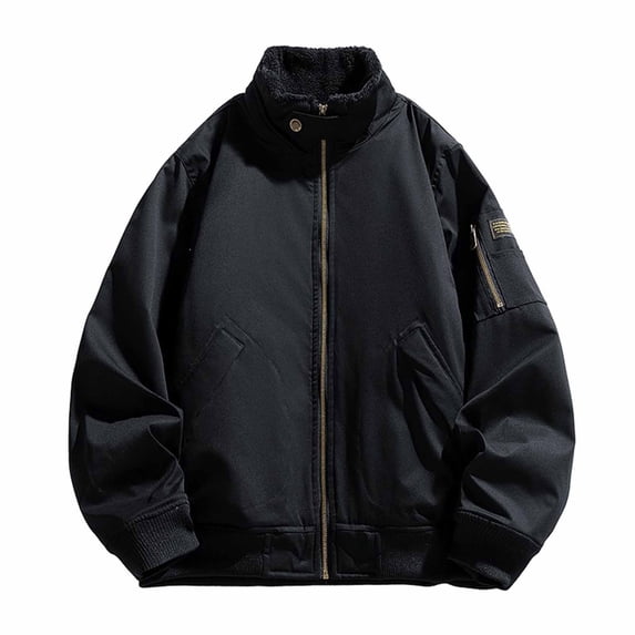Winter Jackets for Men Vintage Warm Loose Casual Bomber Jacket Long Sleeve Stand Collar Zip Up Outerwear Coat with Pockets Fashion Outwear