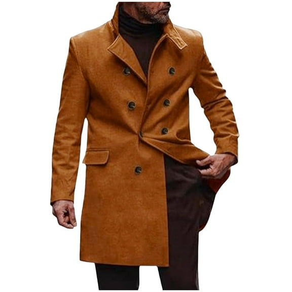 Winter Jackets for Men Waterproof Solid Color Double-Breasted Pocket Flip Collar Mao Long Sleeves Overcoat Loose Coat
