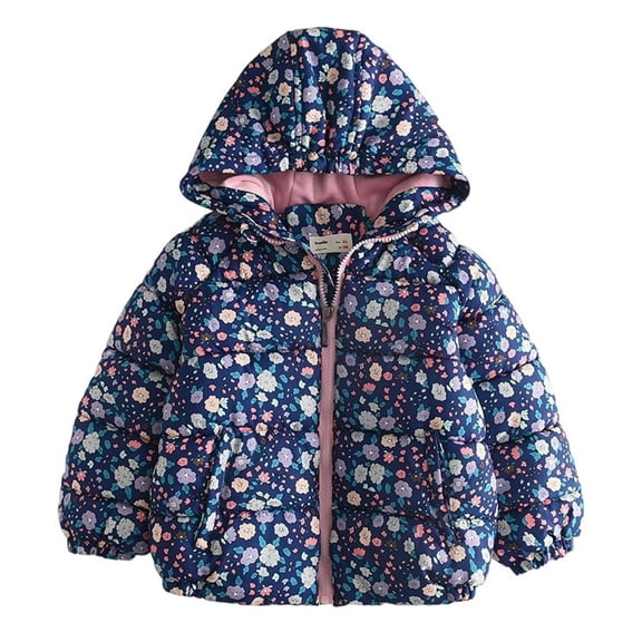 Winter Jackets for Toddler Kids Floral Printed Full Zip Up Hoodie Puffer Coat Heavy Warm Girls Quilted Windbreaker (3 Years, Dark Blue)