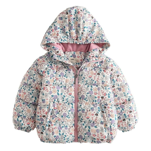 Winter Jackets for Toddler Kids Floral Printed Full Zip Up Hoodie Puffer Coat Heavy Warm Girls Quilted Windbreaker (3 Years, White)