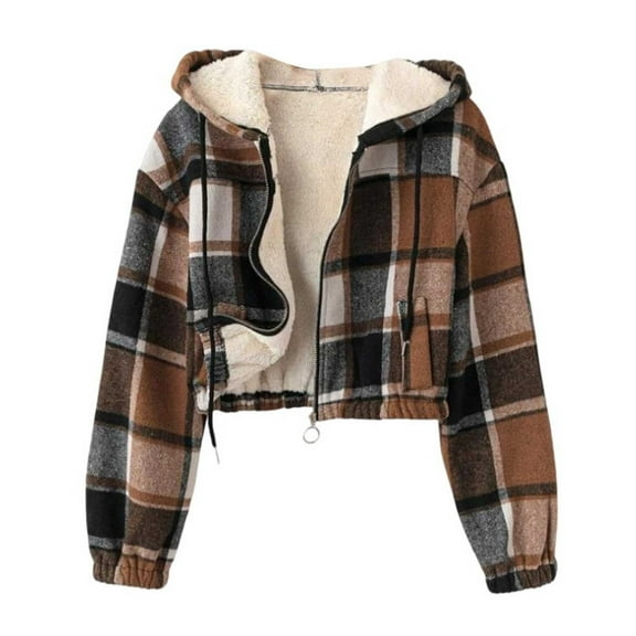 Winter Jackets for Women Casual Fall Fashion Lightweight Cropped Plaid Jacket Fleece Lined Puffer Zip Up Coats