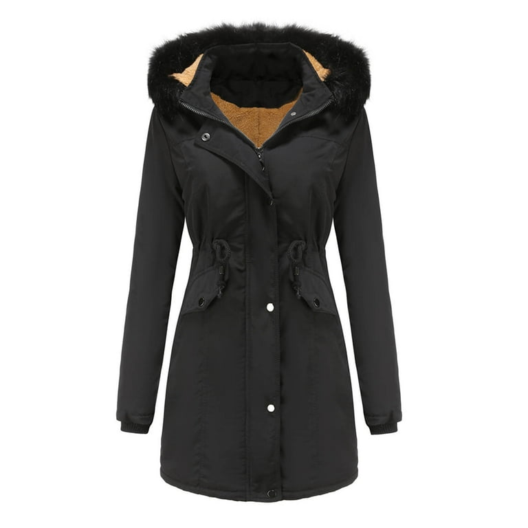 Winter Jackets for Women Faux Fur Lined Outerwear Jacket Solid Color Parka Jacket Warm Fleece Cotton Coat with Hooded Jackets for Women Clearance