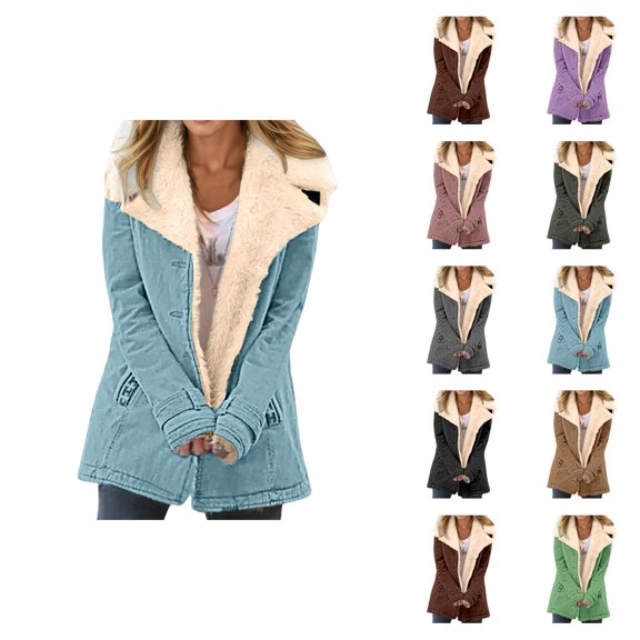 Winter Jackets for Women Long Sleeve Lined Suede Notch Collar Button Cardigan Coat Outerwear with Pockets