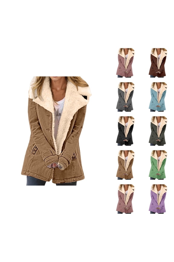 Winter Jackets for Women Long Sleeve Lined Suede Notch Collar Button Cardigan Coat with Pockets Outerwear