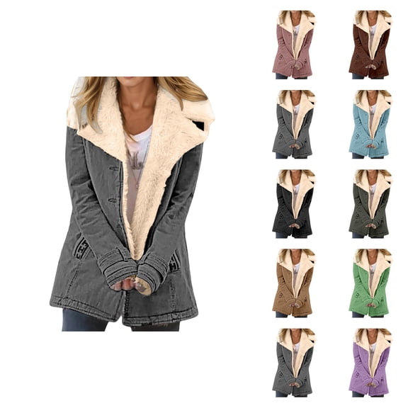 Winter Jackets for Women Long Sleeve Lined Suede Notch Collar Button Cardigan Coat with Pockets Outerwear