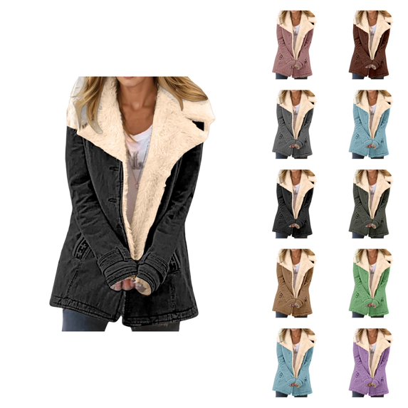 Winter Jackets for Women Long Sleeve Lined Suede Notch Collar Button Cardigan Coat with Pockets Outerwear