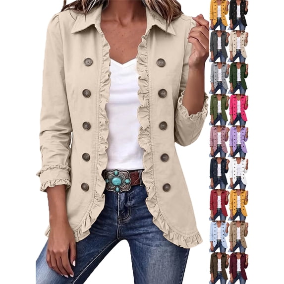 Winter Jackets for Women Long Sleeve Ruffled Edge Double Breasted Shirt Jacket Open Front Blouse for Daily Wear, Office & Weekend