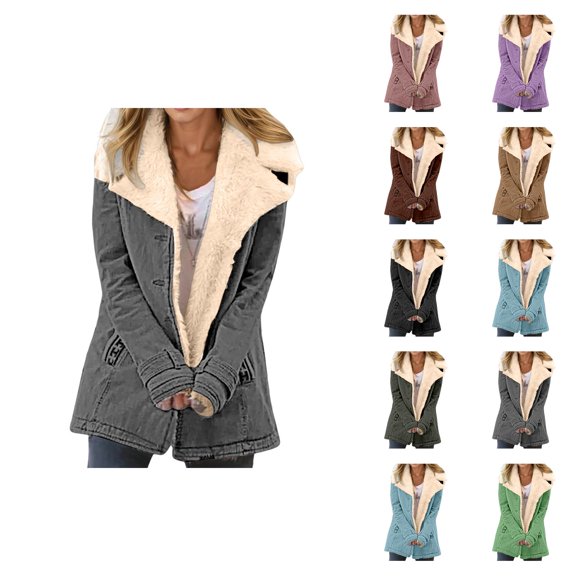 Winter Jackets for Women Long Sleeve Suede Button Thermal Notch Collar Cardigan Coat Outerwear with Pockets