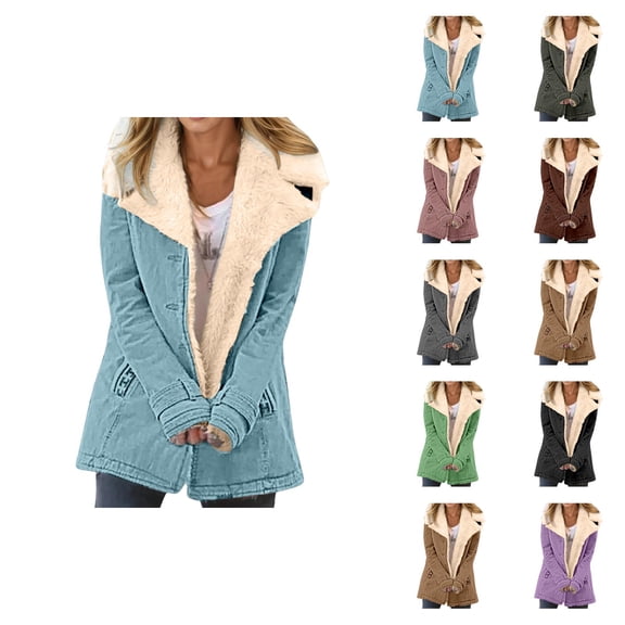 Winter Jackets for Women Long Sleeve Suede Button Thick Warm Notch Collar Cardigan Coat Outerwear with Pockets