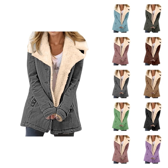 Winter Jackets for Women Long Sleeve Suede Button Thick Warm Notch Collar Cardigan Coat Outerwear with Pockets