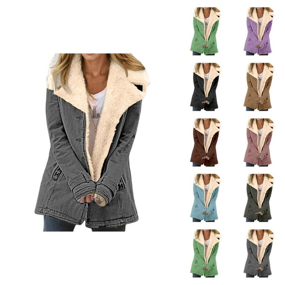 Winter Jackets for Women Long Sleeve Suede Notch Collar Lined Button Cardigan Coat Outerwear with Pockets