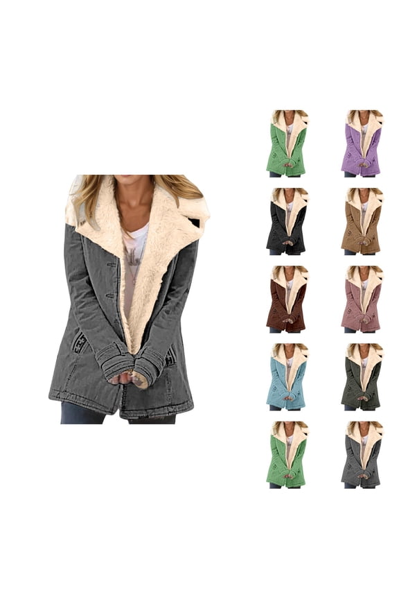 Winter Jackets for Women Long Sleeve Suede Notch Collar Lined Button Cardigan Coat Outerwear with Pockets