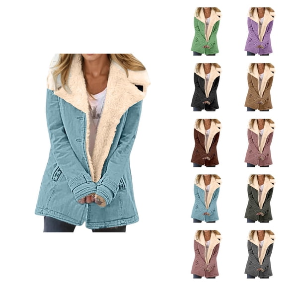 Winter Jackets for Women Long Sleeve Suede Notch Collar Lined Button Cardigan Coat Outerwear with Pockets