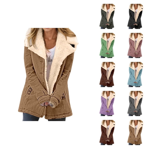 Winter Jackets for Women Long Sleeve Thick Warm Notch Collar Suede Button Cardigan Coat Outerwear with Pockets