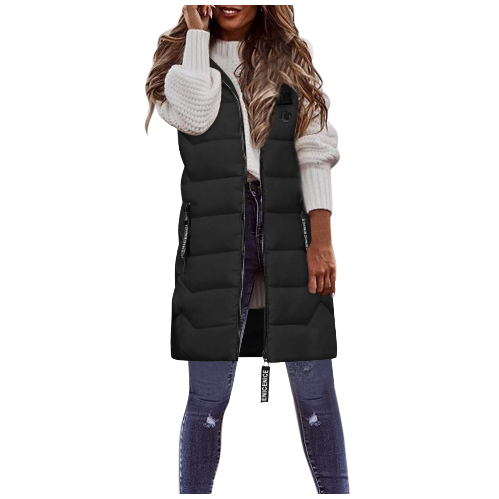 Winter Jackets for Women Mid-Length Vest Hooded Warm with Pockets Vest ...