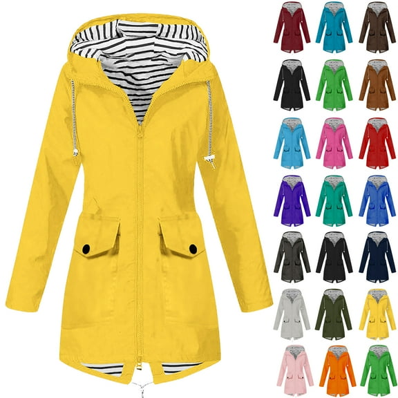 Winter Jackets for Women Ndbuld Women Solid Rain Outdoor Plus Size Hooded Windproof Loose Coat Yellow S
