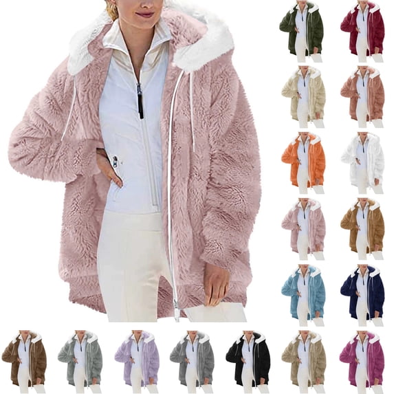 Winter Jackets for Women Plus Size Solid Color Warm Soft Ful Zip Fleece Pocket Hooded Coat