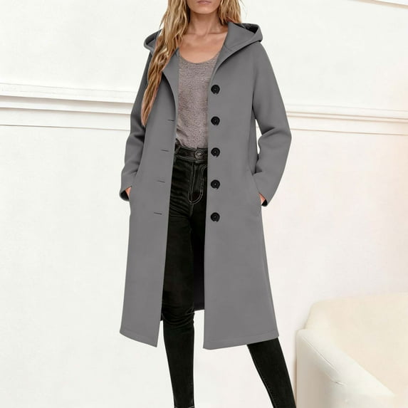 Winter Jackets for Women Solid Color Casual Hooded Jacket with Pockets Button Down Plus Size Coats for Women S-2XL