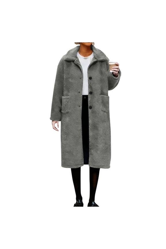 Winter Jackets for Women Thicken Warm Fuzzy Sherpa Fleece Jacket Lapel Collar Long Trench Coat Fluffy Cozy Outerwear