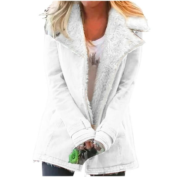 Winter Jackets for Women Vintage Casual Warm Notched Sherpa Fleece Lined Coat Long Sleeve Zip Outerwear Cardigan (M, White)
