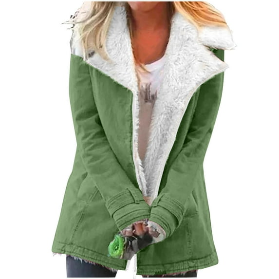 Winter Jackets for Women Vintage Casual Warm Notched Sherpa Fleece Lined Coat Long Sleeve Zip Outerwear Cardigan (XL, Green)