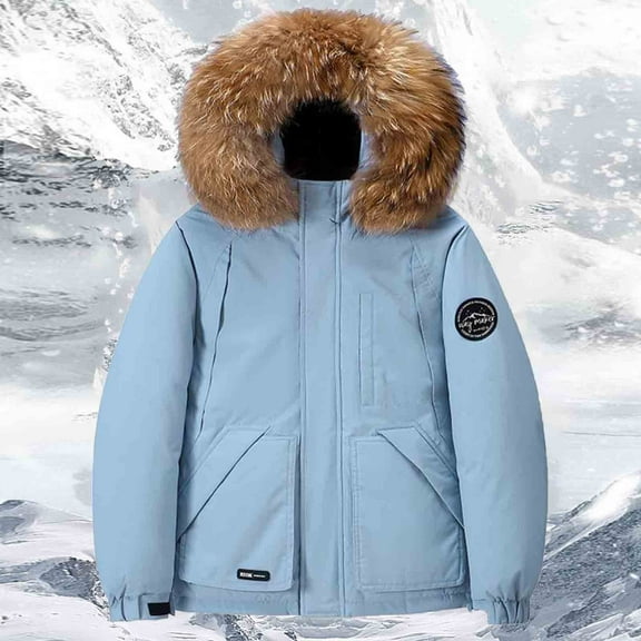 Winter Jackets for Women Windproof Puffer Parka Jackets for Men Thicken Warm Padded Jackets with Faux Fur Hood Casual Outdoor Ski,Light Blue,S