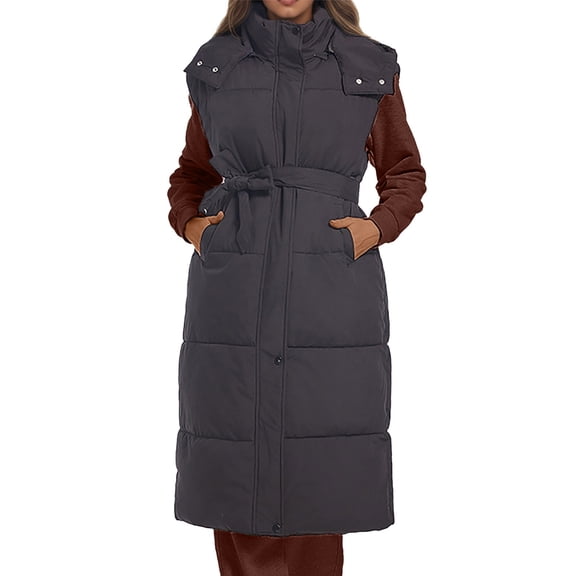 Winter Jackets for Women Women Long Waist Flattering Vest For Hooded Knee Length Quilted Gilet With Drawstring Ties Winter Coats for Women