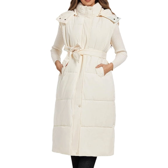 Winter Jackets for Women Women Long Waist Flattering Vest For Hooded Knee Length Quilted Gilet With Drawstring Ties Winter Coats for Women