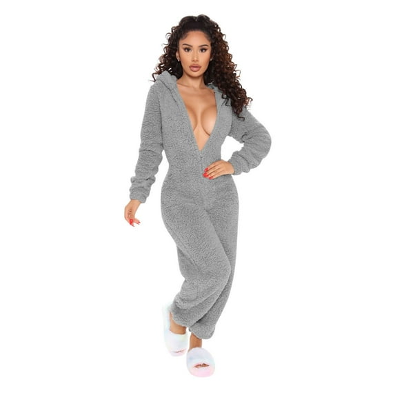 Winter Jumpsuits for Women Fleece Bear Ears Hooded Pajamas Sleepwear Zipper Up Playsuit Loungewear Fuzzy Rompers