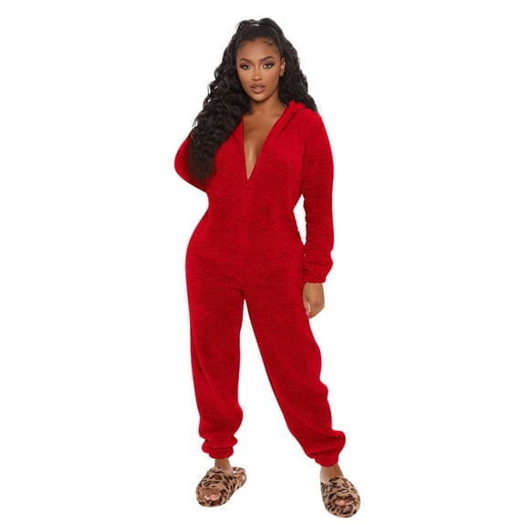 Winter Jumpsuits for Women Fleece Bear Ears Hooded Pajamas Sleepwear Zipper Up Playsuit Loungewear Fuzzy Rompers