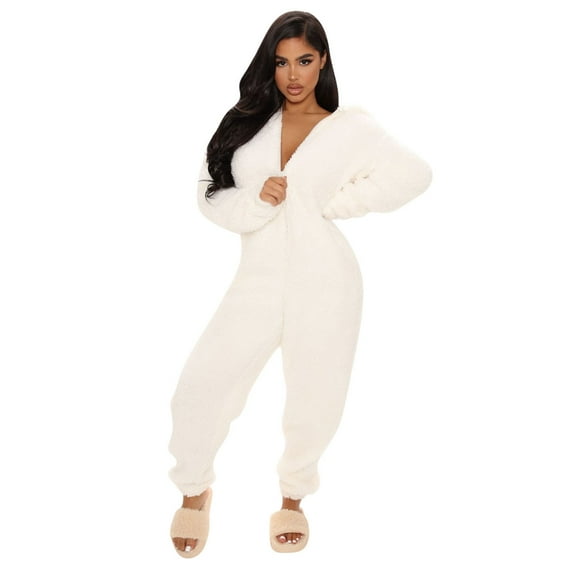 Winter Jumpsuits for Women Fleece Bear Ears Hooded Pajamas Sleepwear Zipper Up Playsuit Loungewear Fuzzy Rompers