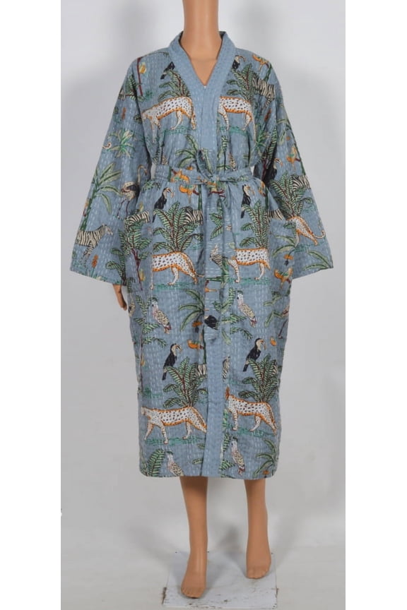 Winter Kantha Kimono Robe, Night Wear Dress Women Kimono , Gray Jungle Print Stitch Kantha Kimono , Pure Cotton Handmade Kantha Kimono Art