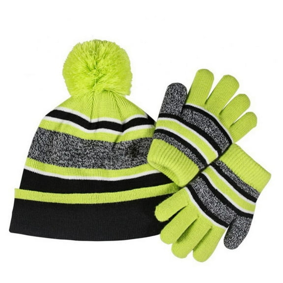 Winter Kid Boys Girls Warm Hat Gloves Set Pompom Striped Design,4Y-10Y