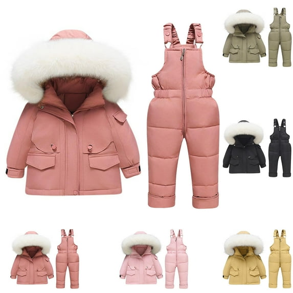 Winter Kids Boys Girls Ski Suit Pants Jackets Sets Solid Color Down Jackets Keep Thickening Warm Outdoor Coat Jumpsuit Set