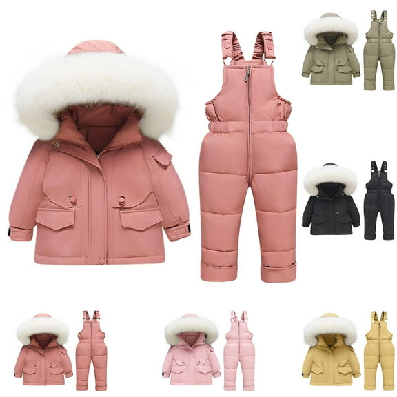 Winter Kids Boys Girls Ski Suit Pants Jackets Sets Solid Color Down Jackets Keep Thickening Warm Outdoor Coat Jumpsuit Set