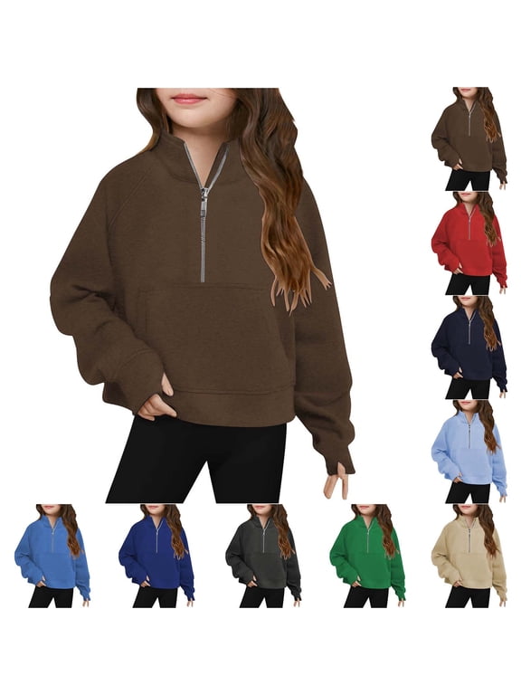 Girls Sweatshirts Half Zipper Long Sleeve Sweater Tops Casual Solid Color Fall Pullover with Thumb Hole