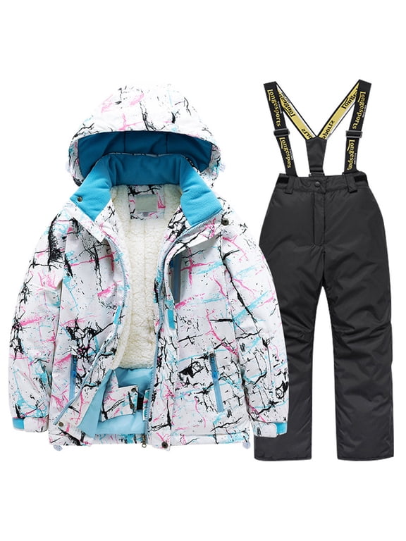 Winter Kids Lined Ski Jacket Pants Set Winter Snowboarding Rain Coats Girls Boys Snow Suits Lovely Dailywear