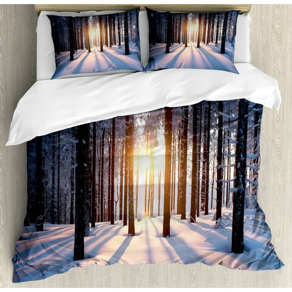 Winter King Size Duvet Cover Set, Mystical Appearance of Sunset in Woodlands with Freezing Idyllic Nature Scenery, Decorative 3 Piece Bedding Set with 2 Pillow Shams, Brown White, by Ambesonne